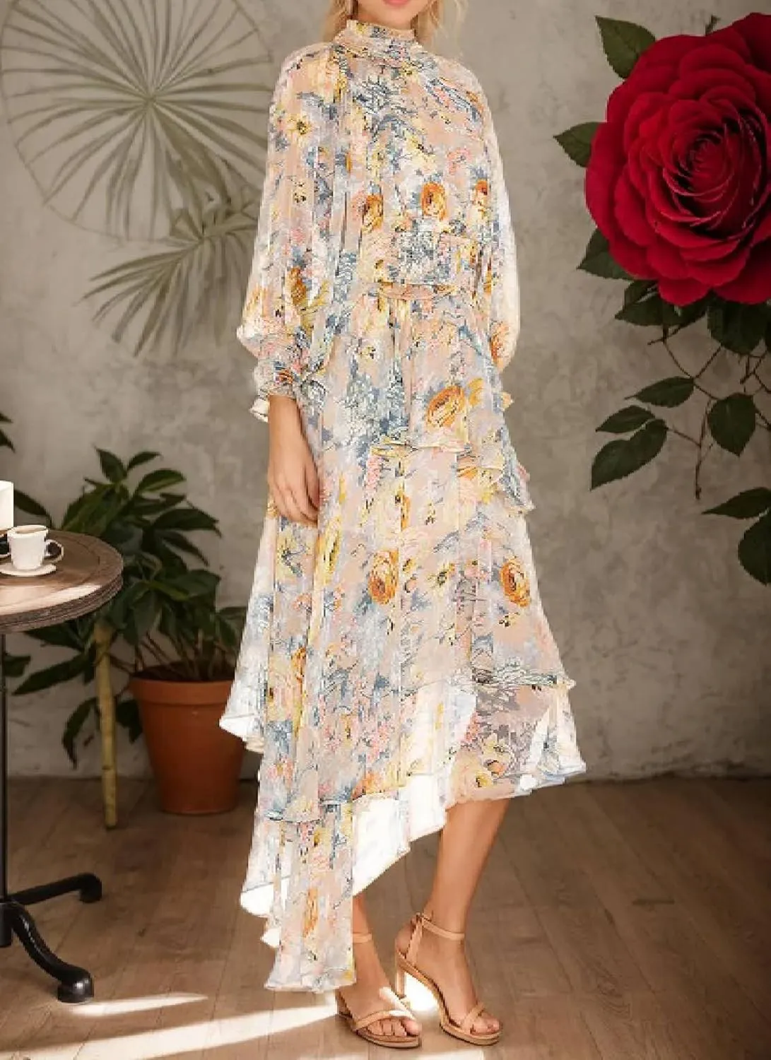 Women's Charm Floral Print High Neck Asymmetrical Hem Maxi Dress Summer Elegant Long Sleeve Tiered Vacation Long Dress