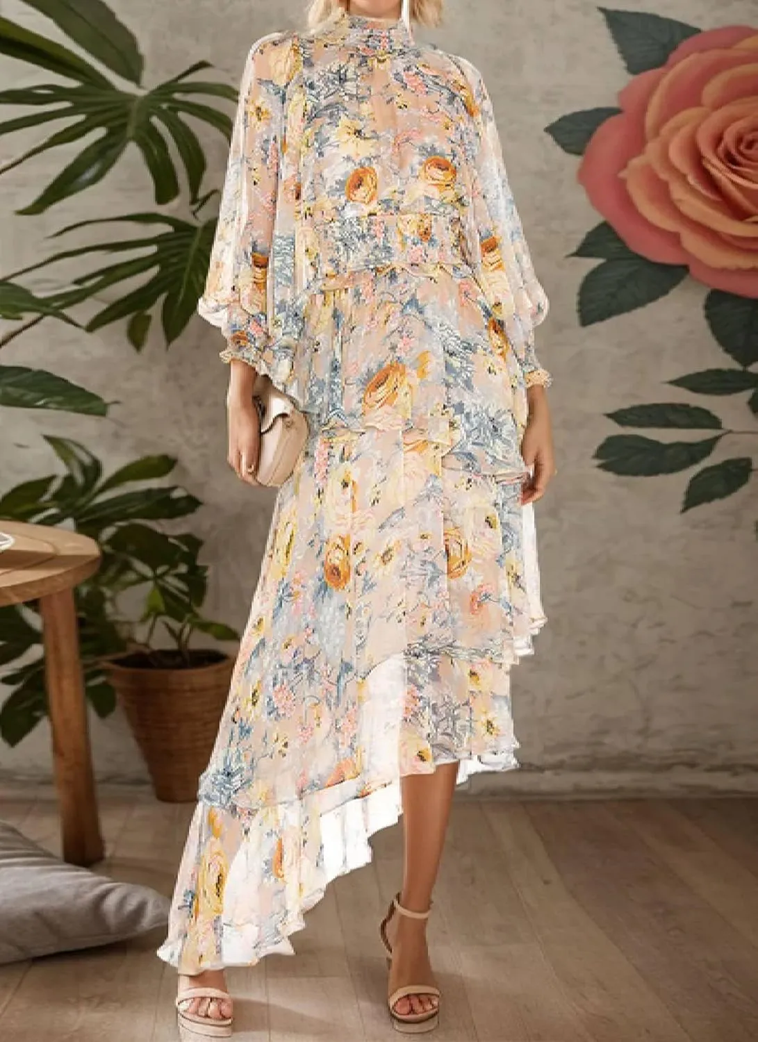 Women's Charm Floral Print High Neck Asymmetrical Hem Maxi Dress Summer Elegant Long Sleeve Tiered Vacation Long Dress