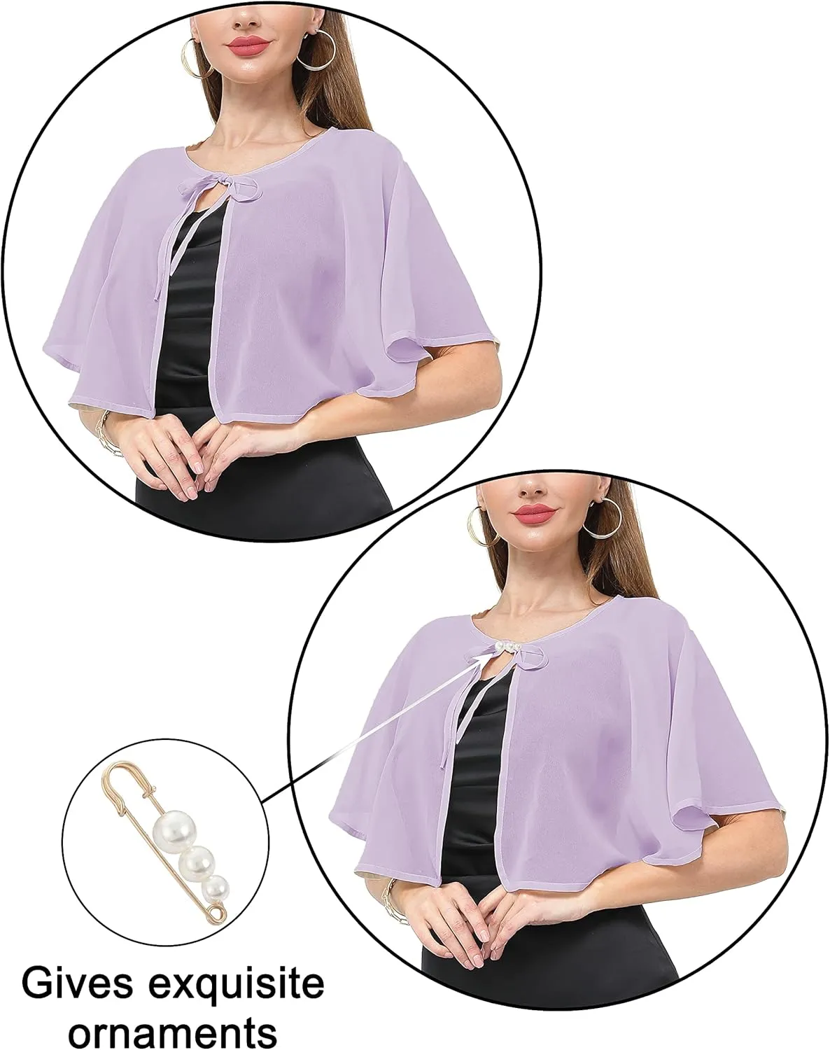 Women's Chiffon Shawl wraps Sheer Shrug Capelets for Evening Dress Wedding Cape Cover Up