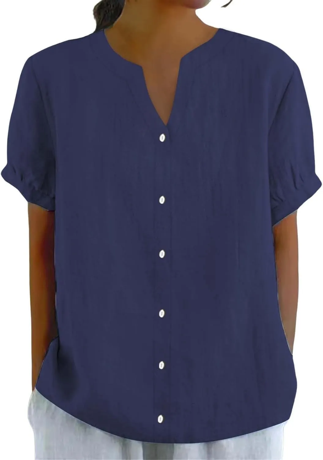 Women's Cotton Linen Shirts Boho Floral Short Sleeve V Neck Top Button Down Loose Comfy Blouses 2025 Summer Work Tee