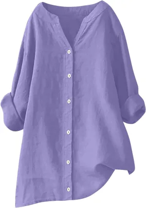 Womens Cotton Linen Tunic Tops Boho Peasant Summer Tops Long Sleeve Button Down Shirts Blouse Dressy Casual Clothing