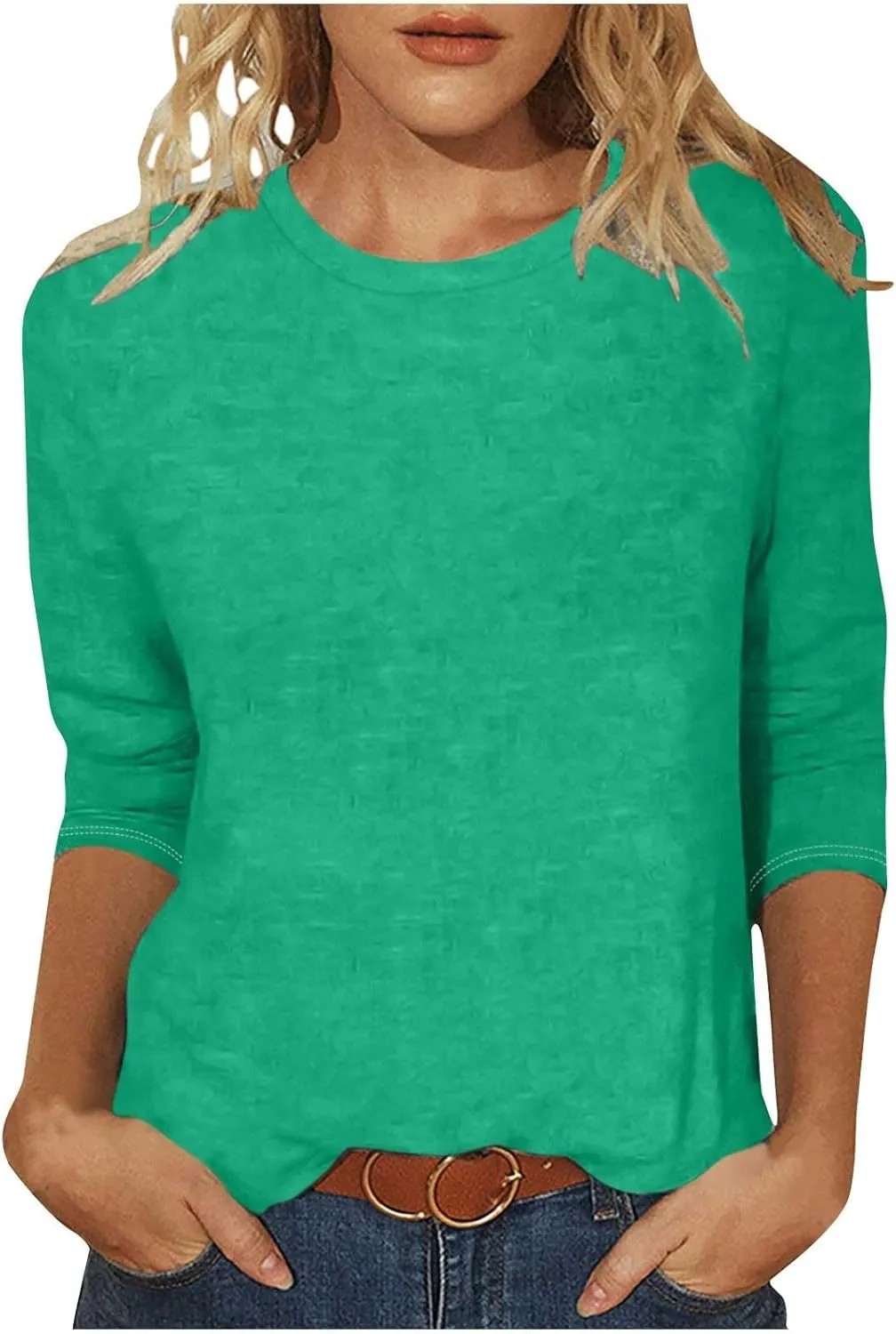 Womens Crew Neck 3/4 Sleeve T Shirts Loose Tunic Tops Casual Solid Basic Tees Three Quarter Length Sleeves Blouses