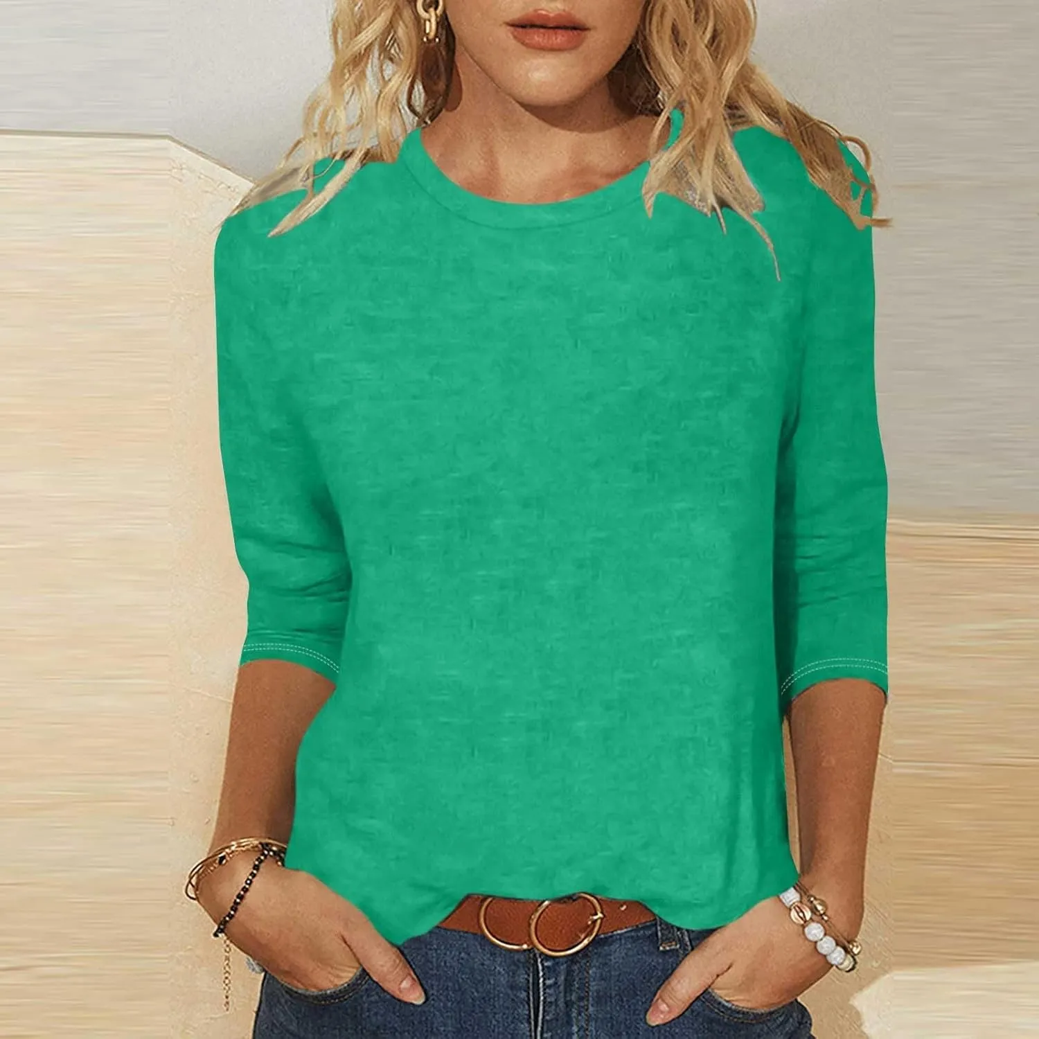 Womens Crew Neck 3/4 Sleeve T Shirts Loose Tunic Tops Casual Solid Basic Tees Three Quarter Length Sleeves Blouses