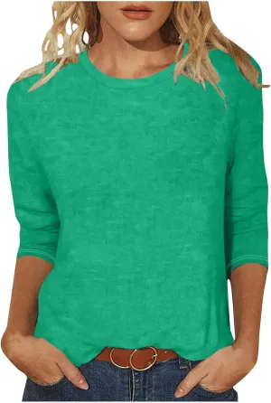 Womens Crew Neck 3/4 Sleeve T Shirts Loose Tunic Tops Casual Solid Basic Tees Three Quarter Length Sleeves Blouses