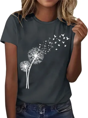 Women's Dandelion Printed Shirt Summer 2025 Short Sleeve Casual Shirts Cute Fit Summer Casual Tee Tops