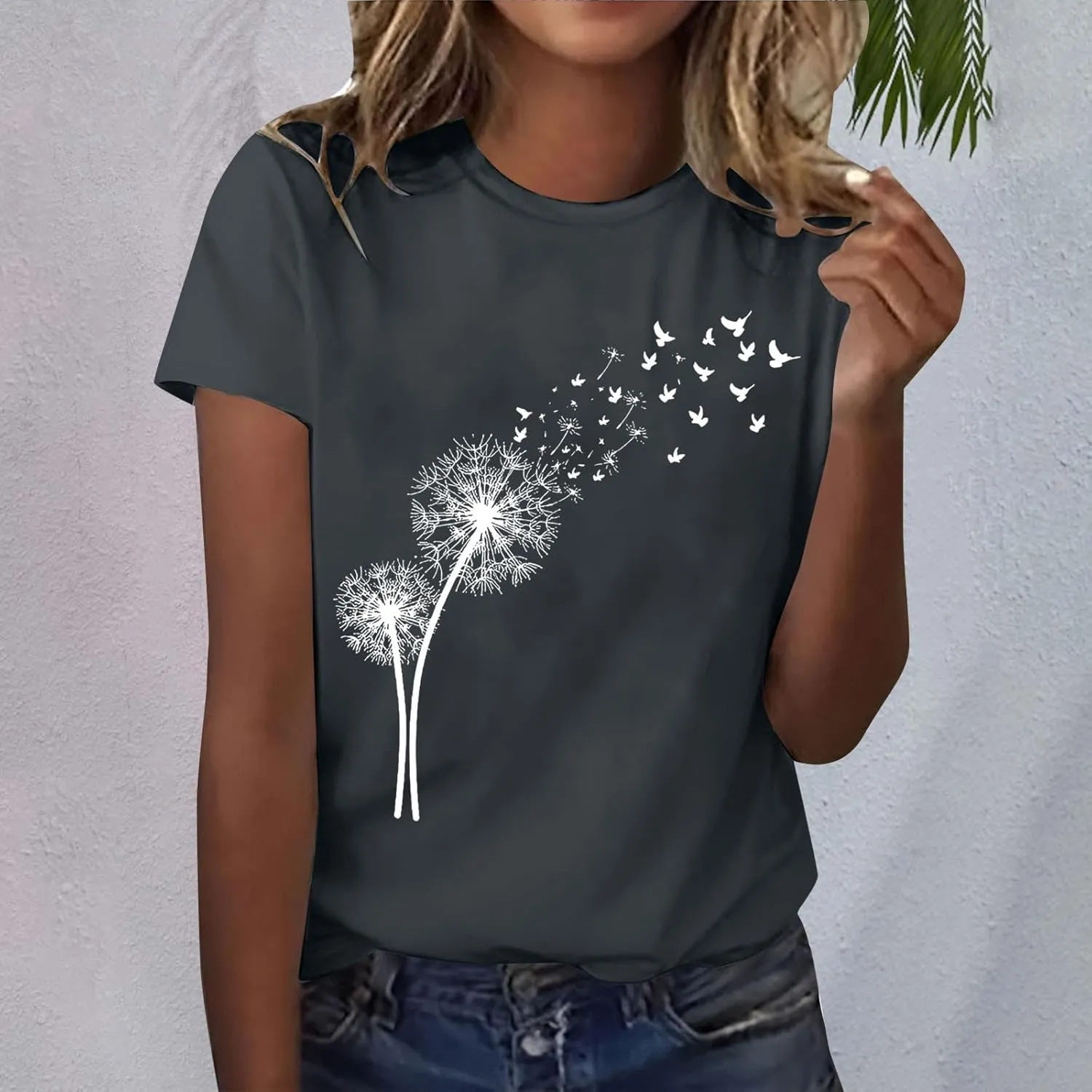 Women's Dandelion Printed Shirt Summer 2025 Short Sleeve Casual Shirts Cute Fit Summer Casual Tee Tops