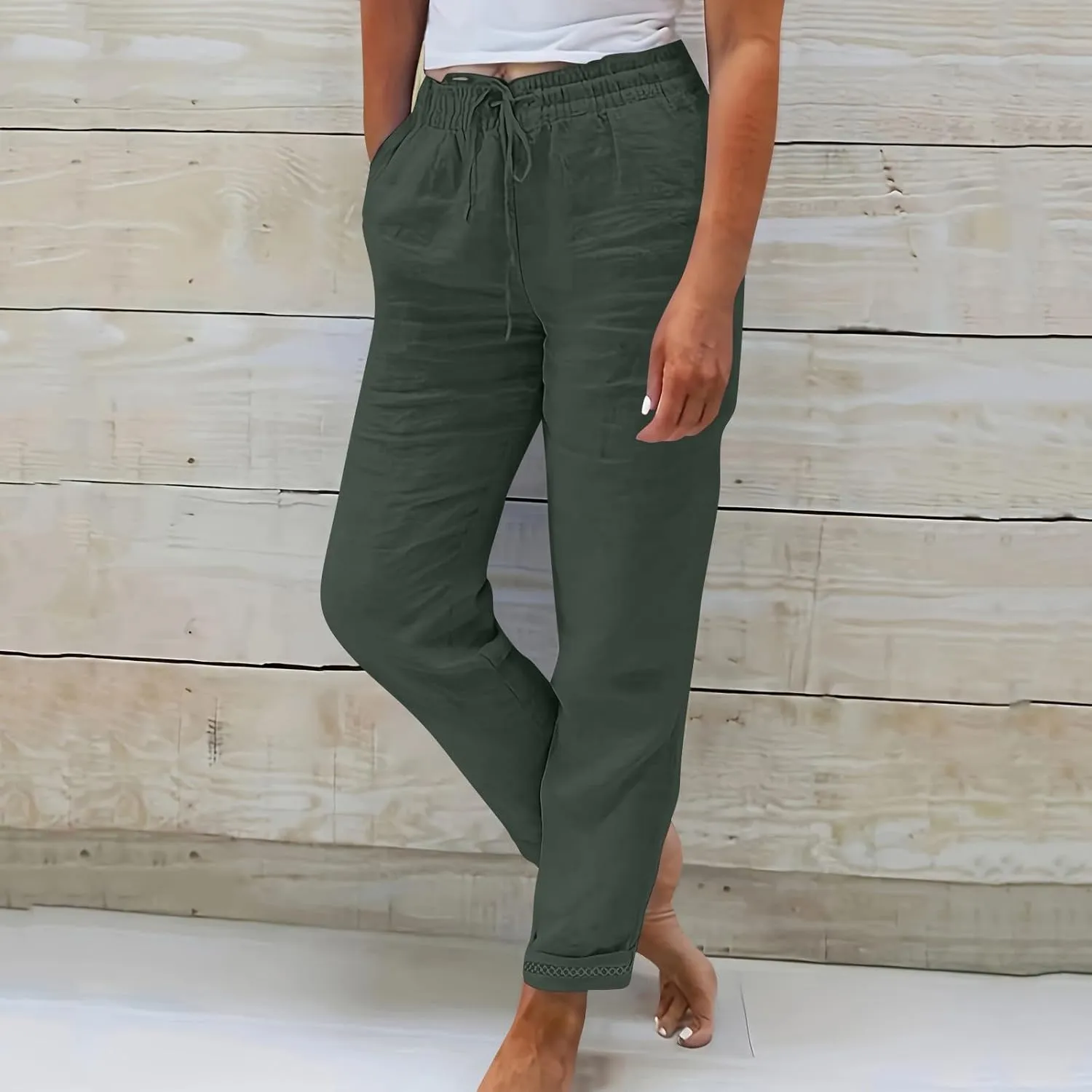 Womens Fashion Linen Pants 2025 Casual Straight Leg Drawstring Loose Lightweight Trousers with Pockets