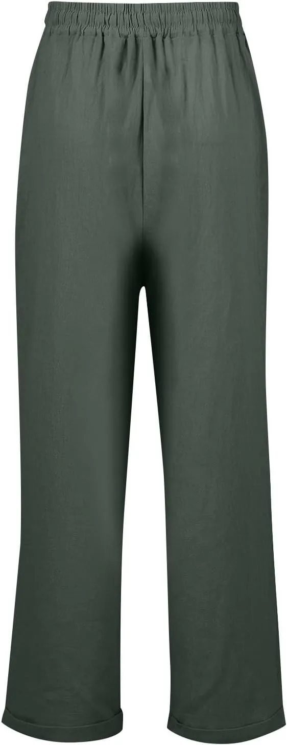Womens Fashion Linen Pants 2025 Casual Straight Leg Drawstring Loose Lightweight Trousers with Pockets