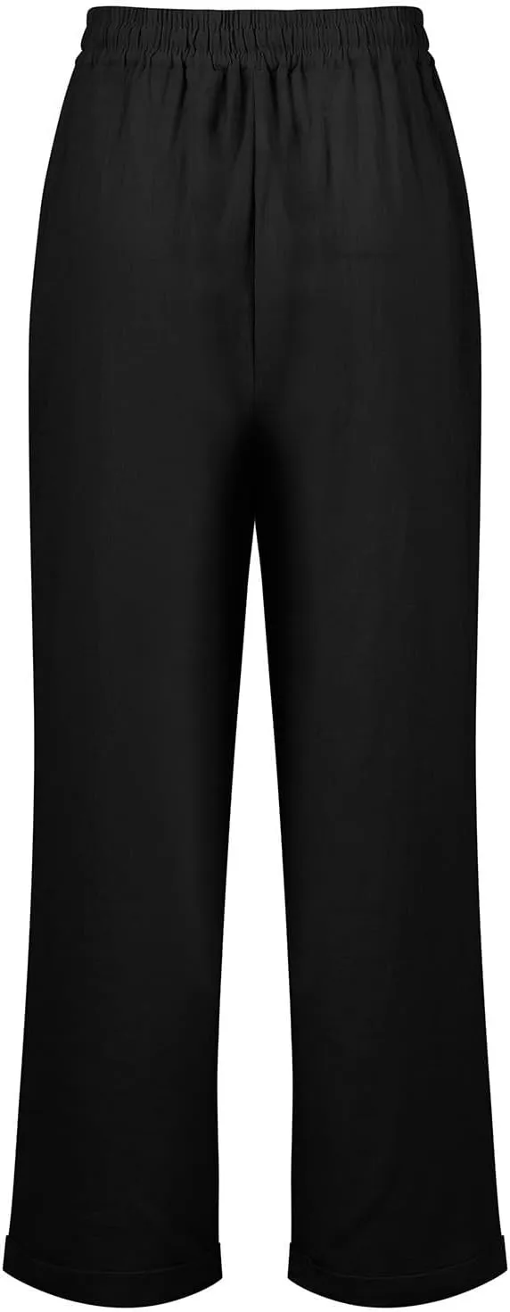 Womens Fashion Linen Pants 2025 Casual Straight Leg Drawstring Loose Lightweight Trousers with Pockets