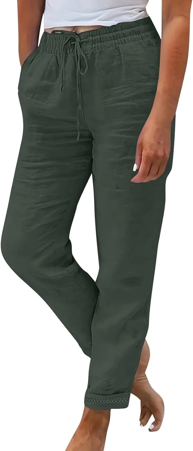 Womens Fashion Linen Pants 2025 Casual Straight Leg Drawstring Loose Lightweight Trousers with Pockets