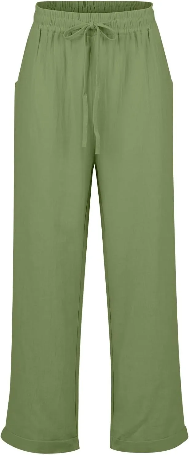 Womens Fashion Linen Pants 2025 Casual Straight Leg Drawstring Loose Lightweight Trousers with Pockets