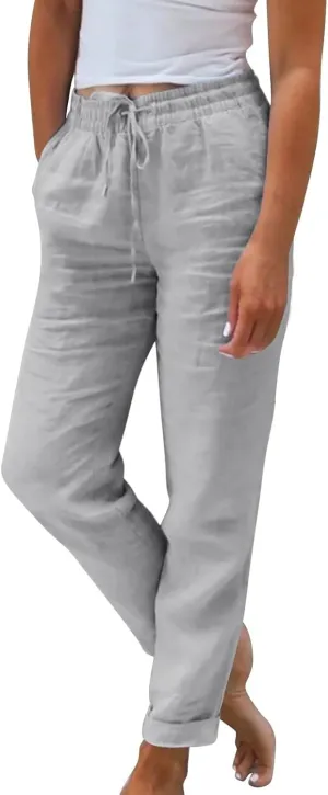 Womens Fashion Linen Pants 2025 Casual Straight Leg Drawstring Loose Lightweight Trousers with Pockets