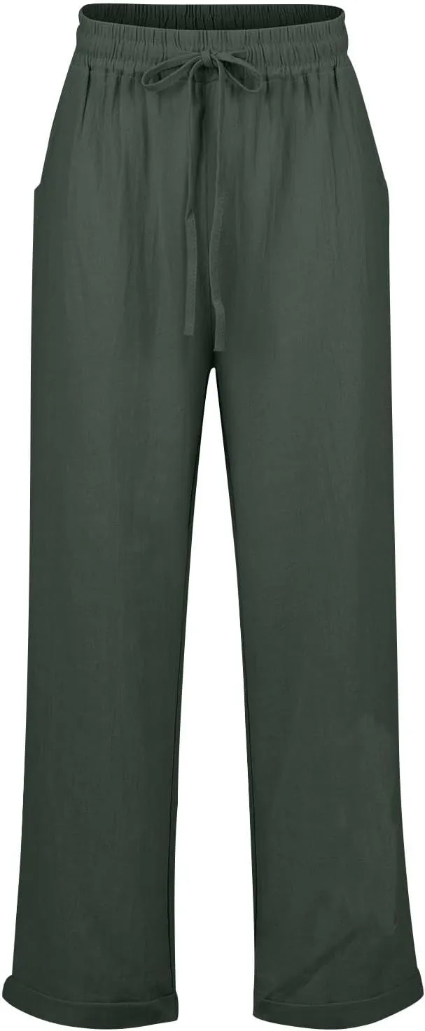 Womens Fashion Linen Pants 2025 Casual Straight Leg Drawstring Loose Lightweight Trousers with Pockets