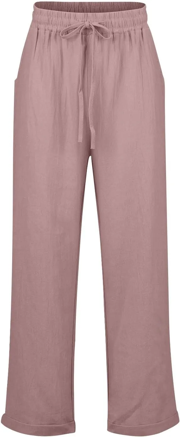 Womens Fashion Linen Pants 2025 Casual Straight Leg Drawstring Loose Lightweight Trousers with Pockets