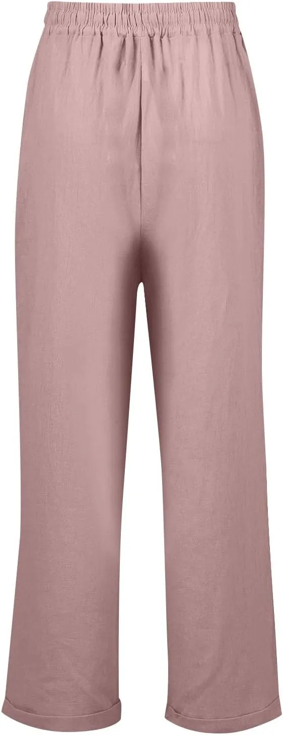Womens Fashion Linen Pants 2025 Casual Straight Leg Drawstring Loose Lightweight Trousers with Pockets