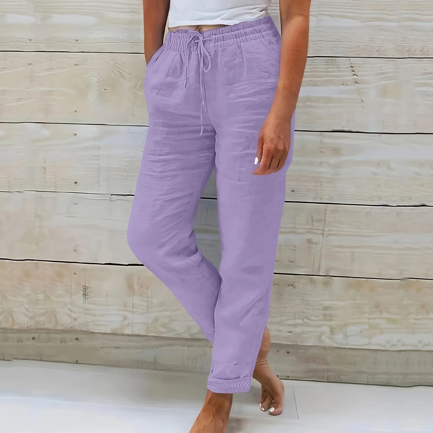Womens Fashion Linen Pants 2025 Casual Straight Leg Drawstring Loose Lightweight Trousers with Pockets