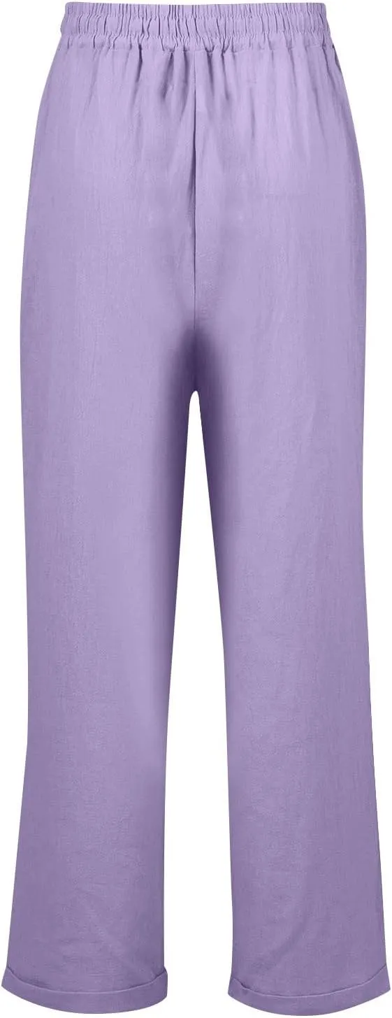 Womens Fashion Linen Pants 2025 Casual Straight Leg Drawstring Loose Lightweight Trousers with Pockets