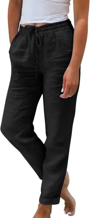 Womens Fashion Linen Pants 2025 Casual Straight Leg Drawstring Loose Lightweight Trousers with Pockets