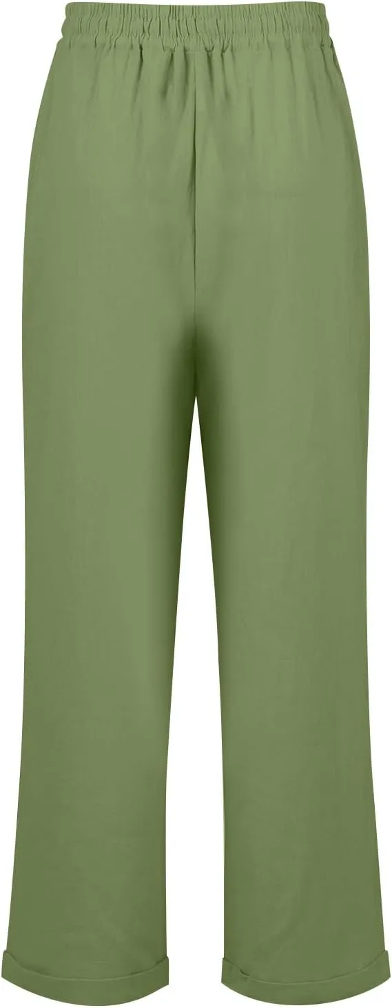 Womens Fashion Linen Pants 2025 Casual Straight Leg Drawstring Loose Lightweight Trousers with Pockets