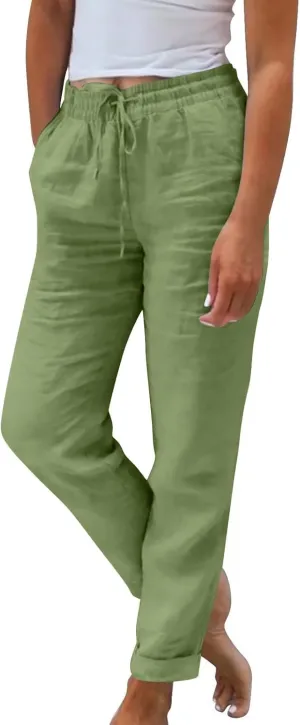 Womens Fashion Linen Pants 2025 Casual Straight Leg Drawstring Loose Lightweight Trousers with Pockets