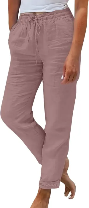 Womens Fashion Linen Pants 2025 Casual Straight Leg Drawstring Loose Lightweight Trousers with Pockets