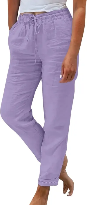 Womens Fashion Linen Pants 2025 Casual Straight Leg Drawstring Loose Lightweight Trousers with Pockets