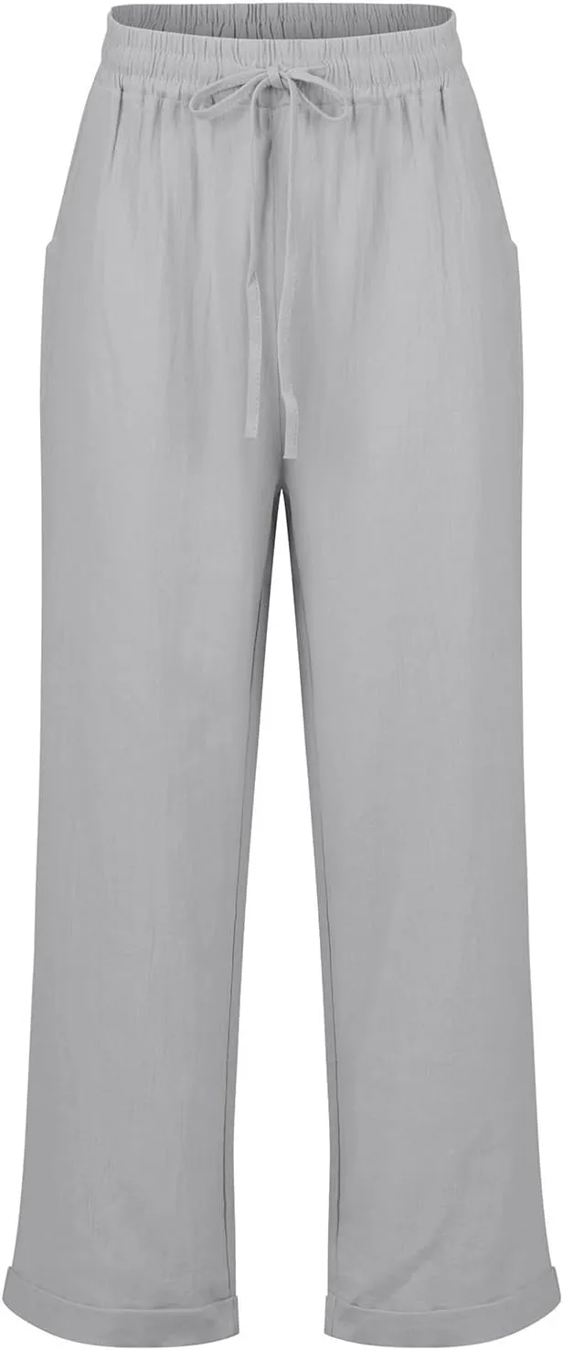 Womens Fashion Linen Pants 2025 Casual Straight Leg Drawstring Loose Lightweight Trousers with Pockets