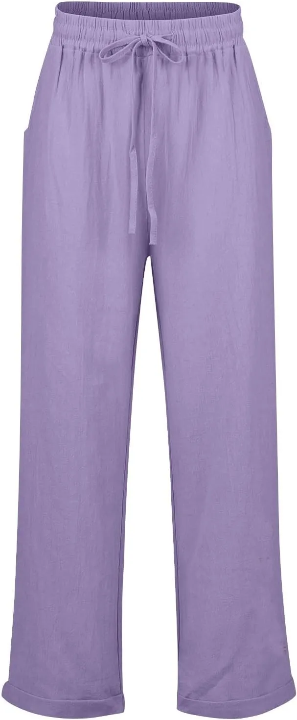 Womens Fashion Linen Pants 2025 Casual Straight Leg Drawstring Loose Lightweight Trousers with Pockets