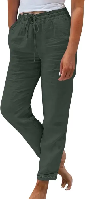 Womens Fashion Linen Pants 2025 Casual Straight Leg Drawstring Loose Lightweight Trousers with Pockets