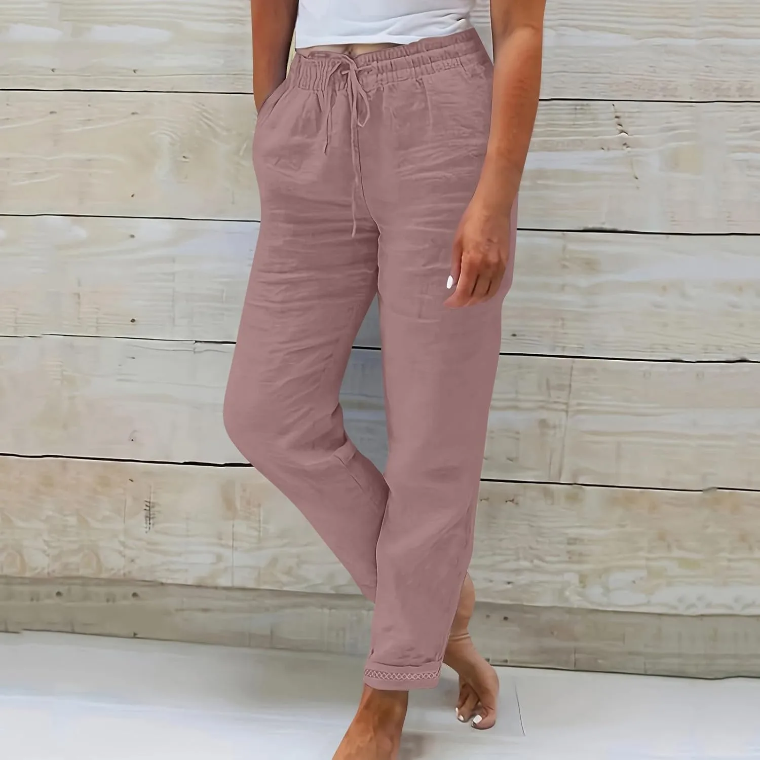 Womens Fashion Linen Pants 2025 Casual Straight Leg Drawstring Loose Lightweight Trousers with Pockets
