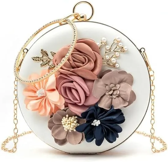 Women's Floral Evening Clutch Ladies Party Wedding Round Purse Bag (Pack of 1), White