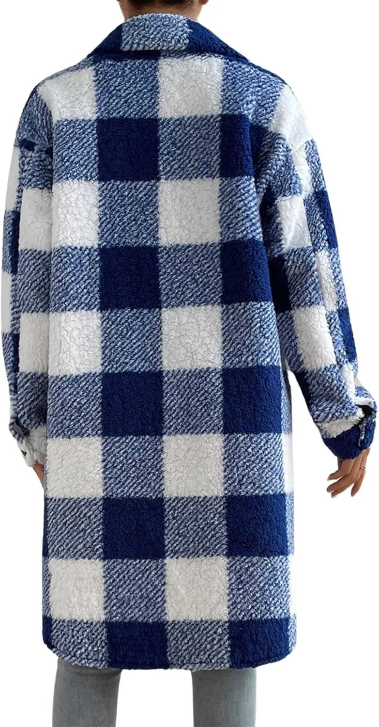 Womens Fuzzy Sherpa Long Jacket Plaid Shackets Jackets Button Down Lapel Trench Coat Warm Gingham Teddy Coat
