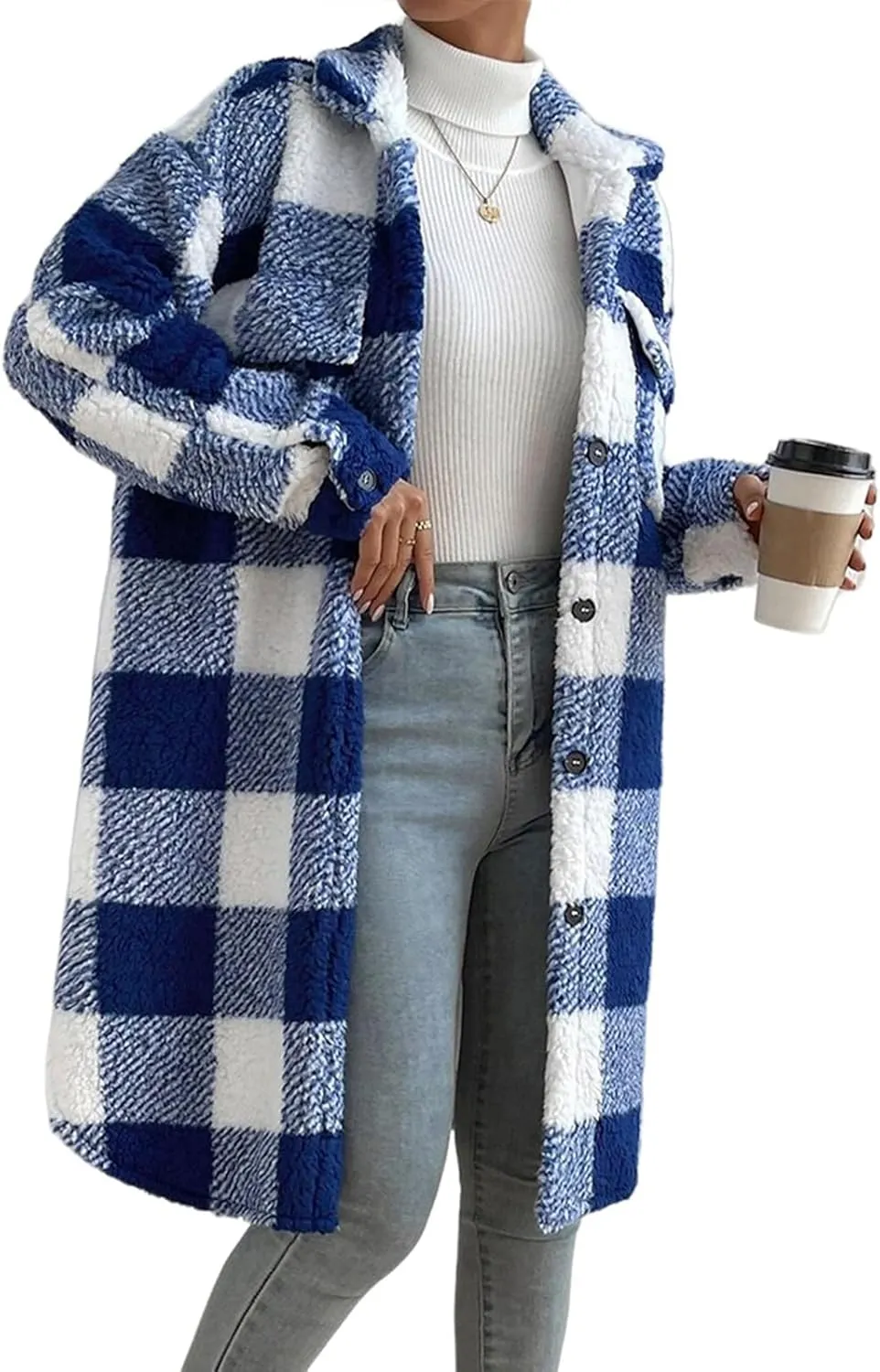 Womens Fuzzy Sherpa Long Jacket Plaid Shackets Jackets Button Down Lapel Trench Coat Warm Gingham Teddy Coat