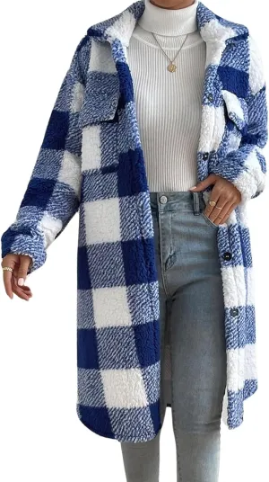 Womens Fuzzy Sherpa Long Jacket Plaid Shackets Jackets Button Down Lapel Trench Coat Warm Gingham Teddy Coat