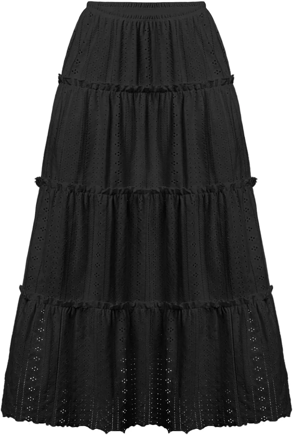 Women's High Rise Tiered Frill Ruffled Flowy Skirts Casual Summer Loose Fit Eyelet Pleated Swing A Line Midi Skirt