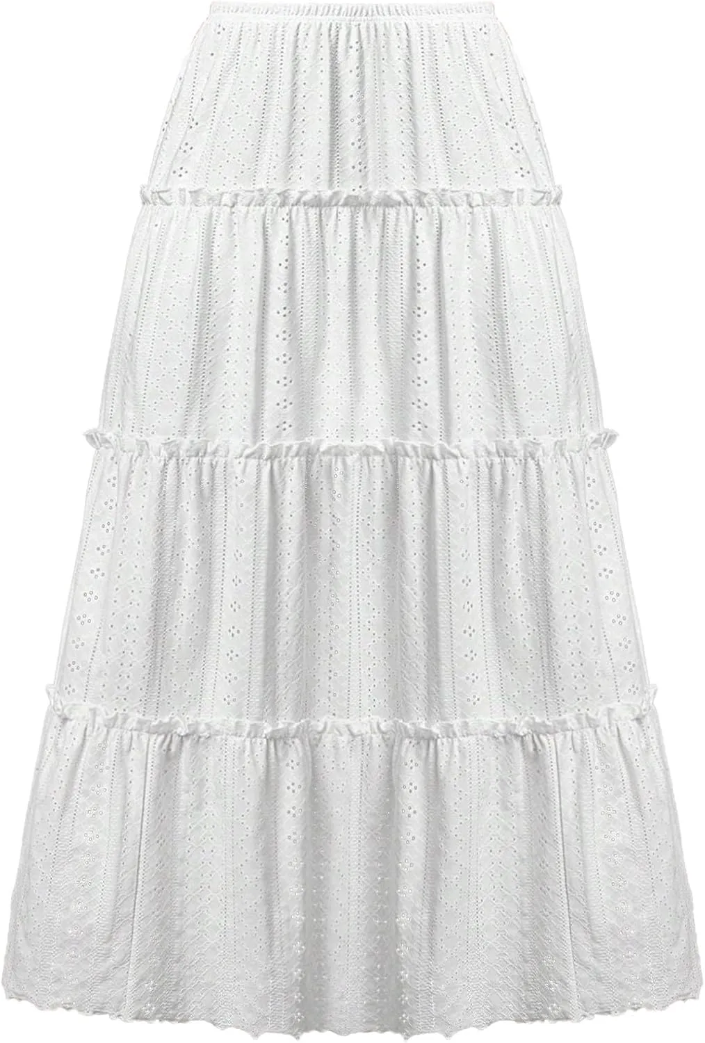 Women's High Rise Tiered Frill Ruffled Flowy Skirts Casual Summer Loose Fit Eyelet Pleated Swing A Line Midi Skirt