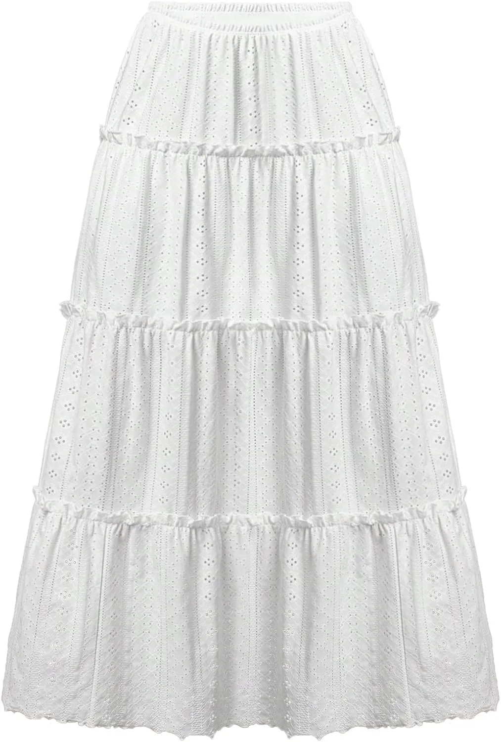 Women's High Rise Tiered Frill Ruffled Flowy Skirts Casual Summer Loose Fit Eyelet Pleated Swing A Line Midi Skirt