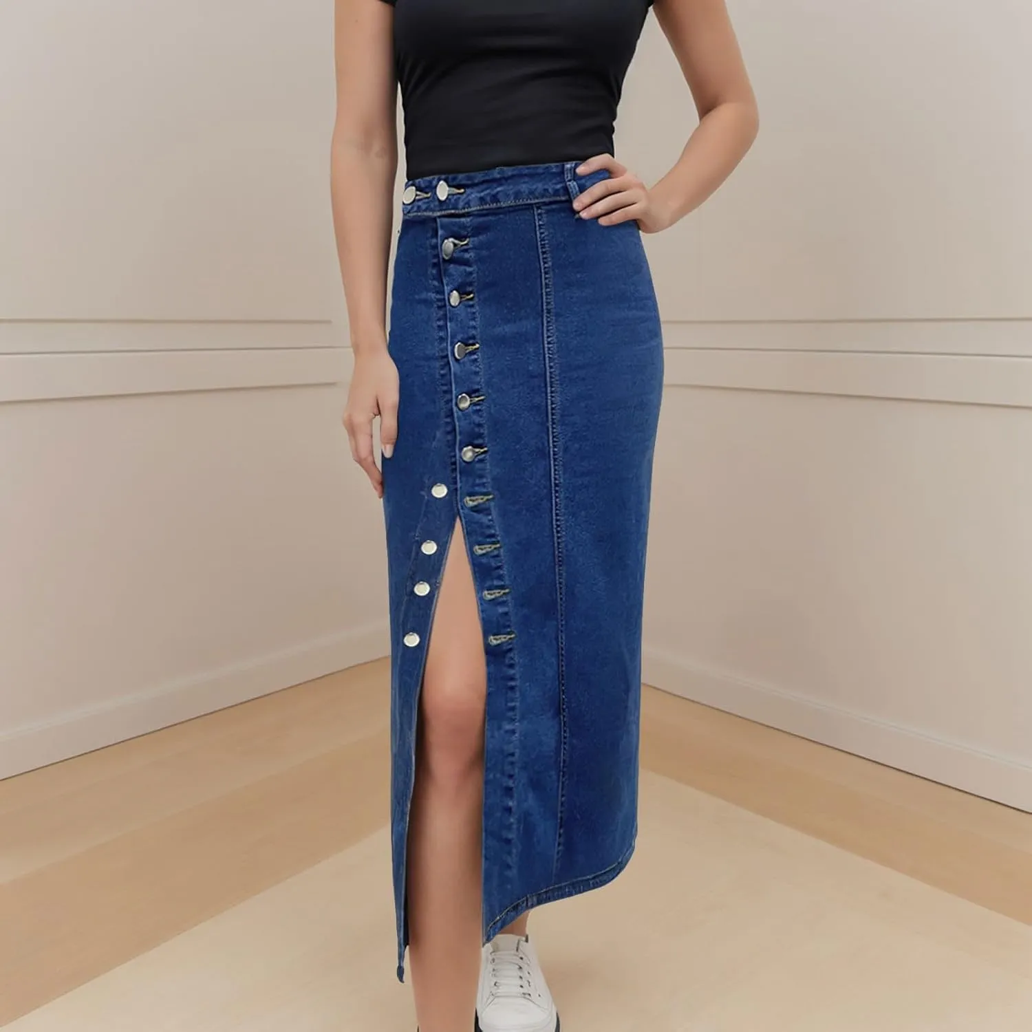 Women's High Waisted Ripped Denim Skirts Frayed Raw Asymmetrical Midi Jean Skirt Vintage Slit Outfits