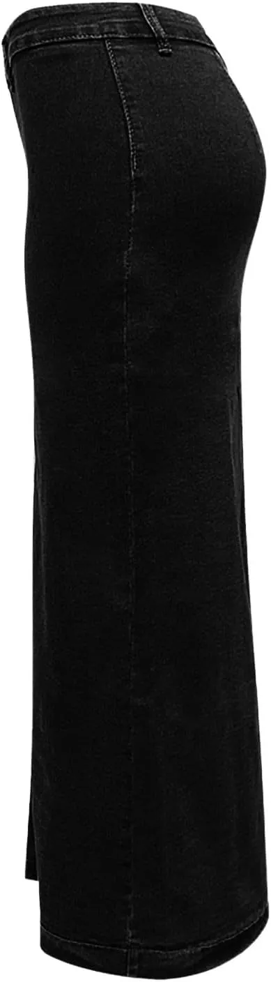 Women's High Waisted Ripped Denim Skirts Frayed Raw Asymmetrical Midi Jean Skirt Vintage Slit Outfits
