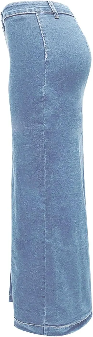 Women's High Waisted Ripped Denim Skirts Frayed Raw Asymmetrical Midi Jean Skirt Vintage Slit Outfits