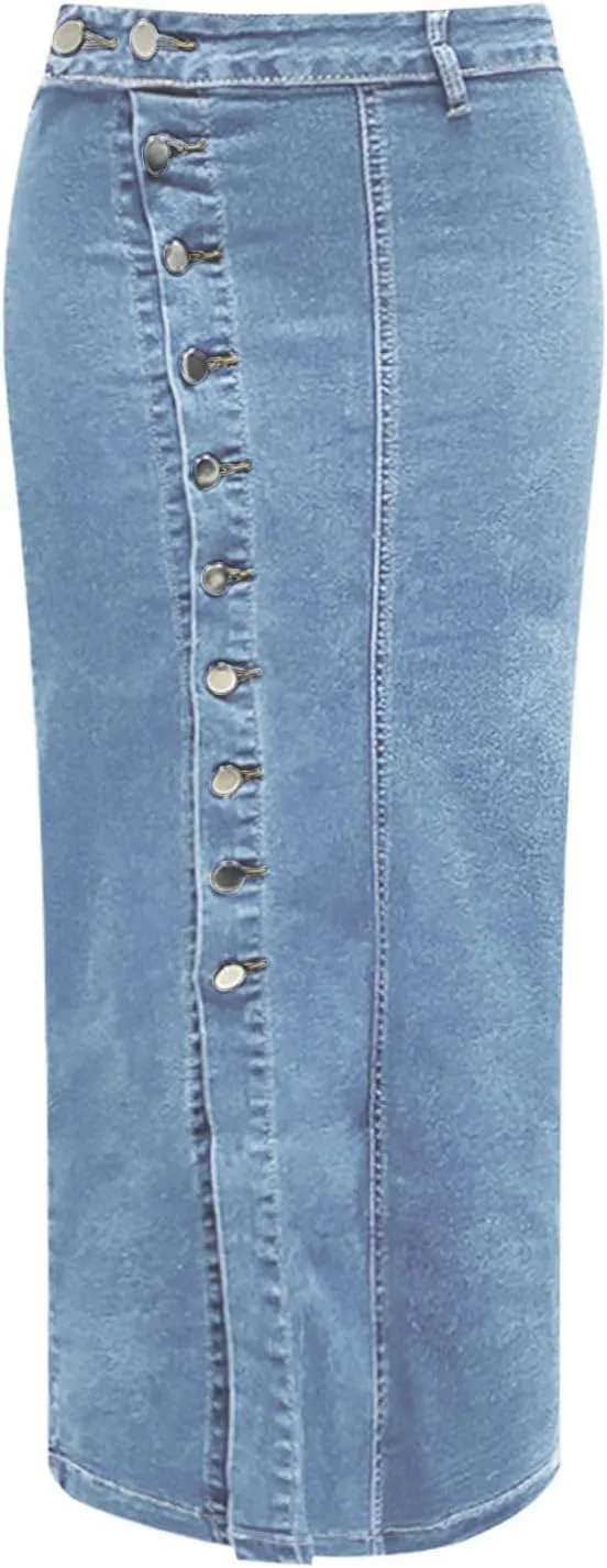 Women's High Waisted Ripped Denim Skirts Frayed Raw Asymmetrical Midi Jean Skirt Vintage Slit Outfits