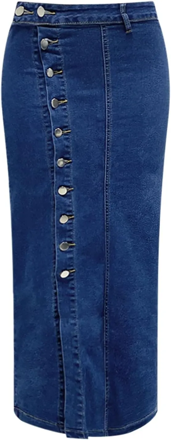 Women's High Waisted Ripped Denim Skirts Frayed Raw Asymmetrical Midi Jean Skirt Vintage Slit Outfits