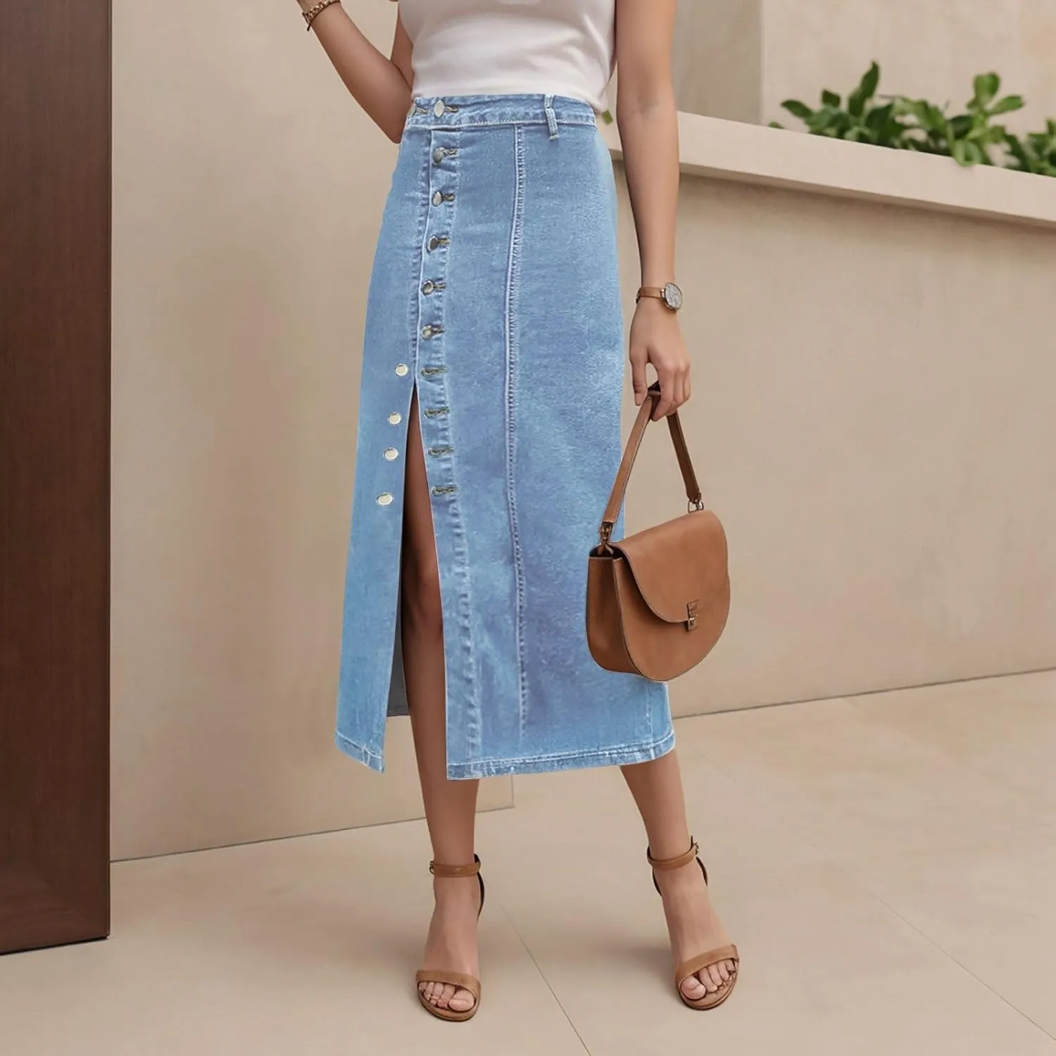 Women's High Waisted Ripped Denim Skirts Frayed Raw Asymmetrical Midi Jean Skirt Vintage Slit Outfits