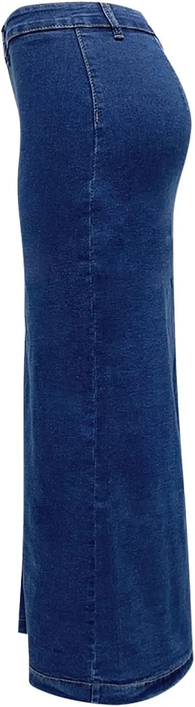 Women's High Waisted Ripped Denim Skirts Frayed Raw Asymmetrical Midi Jean Skirt Vintage Slit Outfits