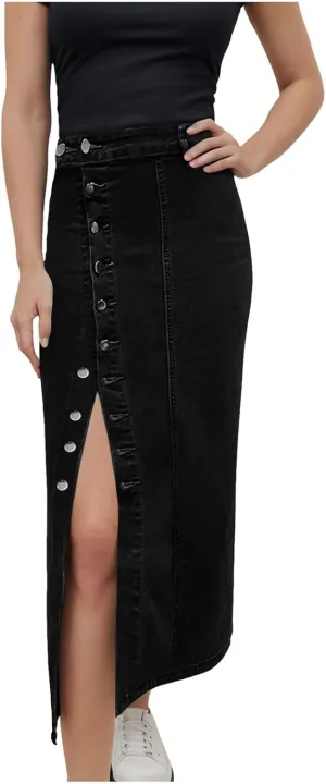 Women's High Waisted Ripped Denim Skirts Frayed Raw Asymmetrical Midi Jean Skirt Vintage Slit Outfits