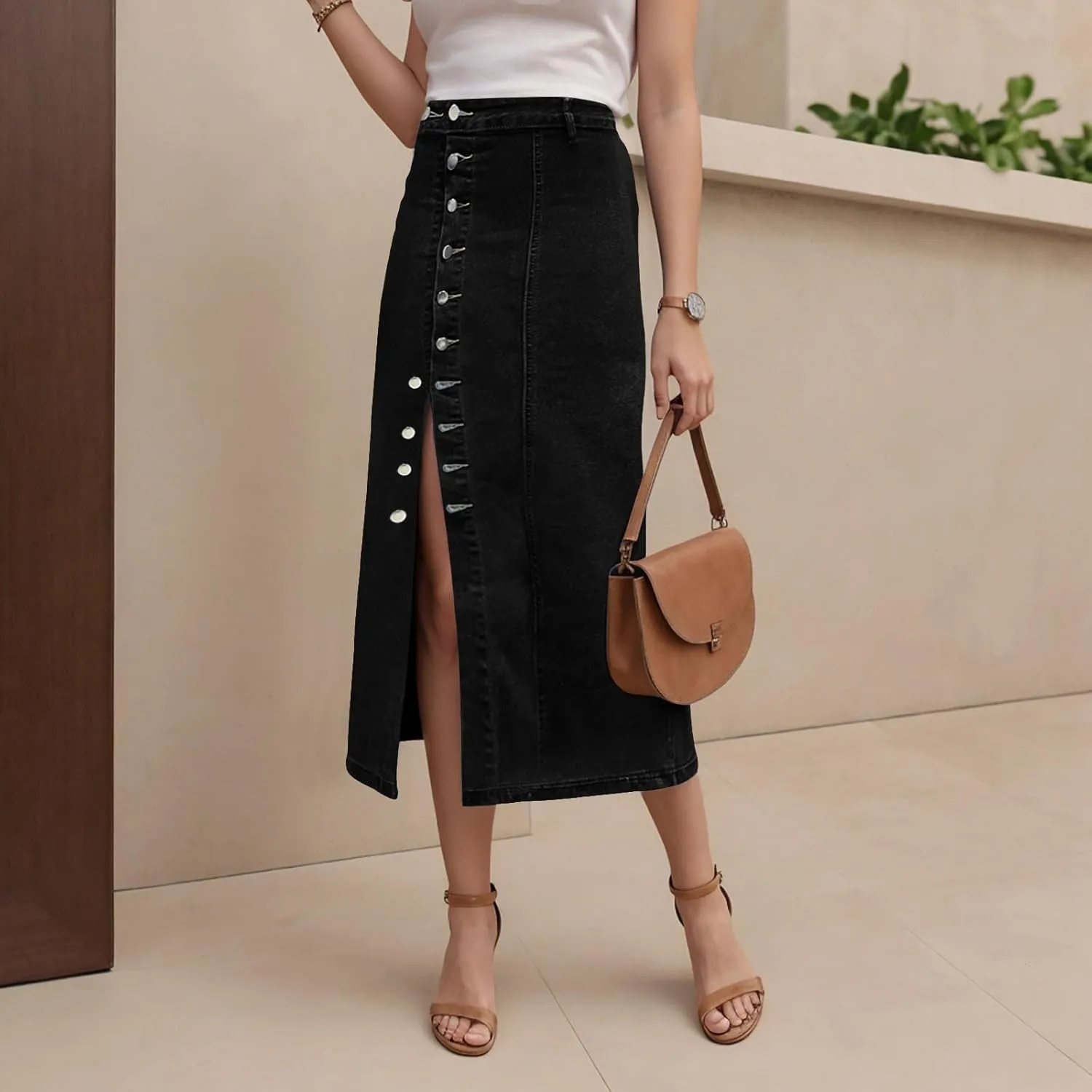 Women's High Waisted Ripped Denim Skirts Frayed Raw Asymmetrical Midi Jean Skirt Vintage Slit Outfits