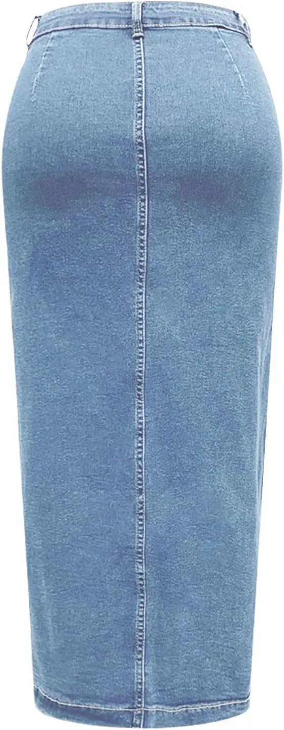 Women's High Waisted Ripped Denim Skirts Frayed Raw Asymmetrical Midi Jean Skirt Vintage Slit Outfits
