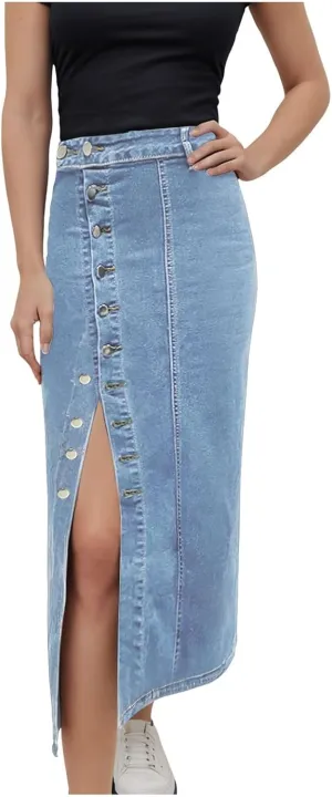 Women's High Waisted Ripped Denim Skirts Frayed Raw Asymmetrical Midi Jean Skirt Vintage Slit Outfits