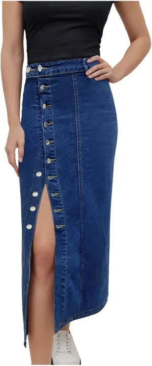 Women's High Waisted Ripped Denim Skirts Frayed Raw Asymmetrical Midi Jean Skirt Vintage Slit Outfits