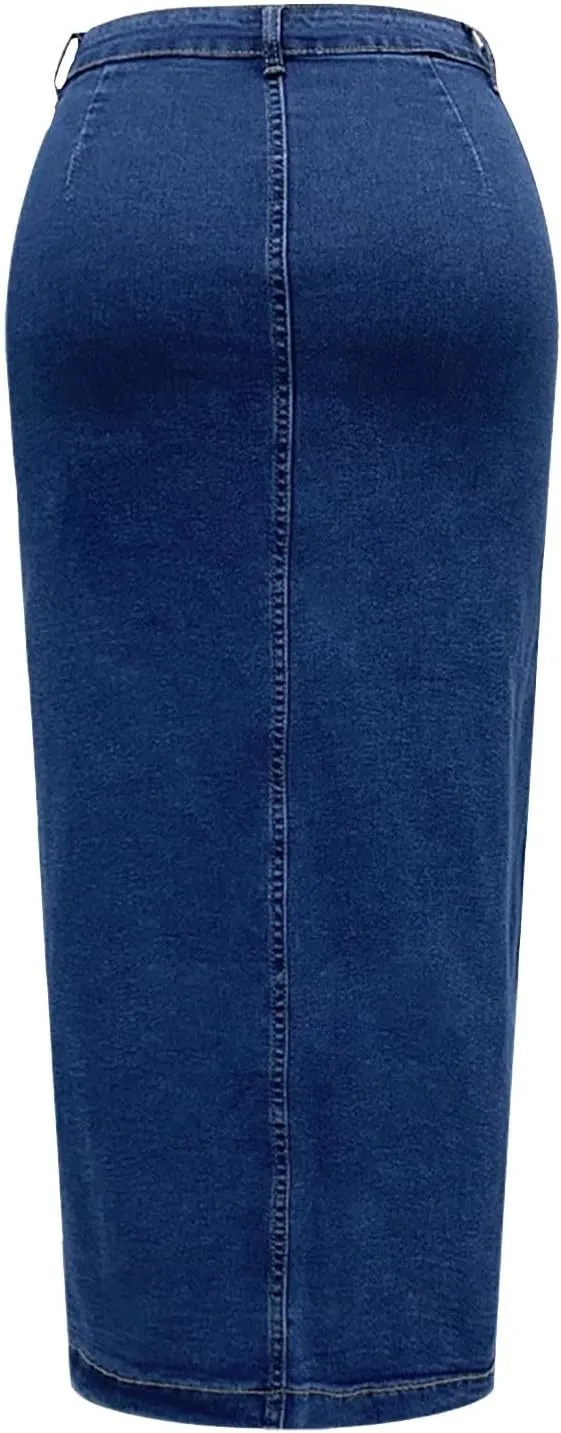 Women's High Waisted Ripped Denim Skirts Frayed Raw Asymmetrical Midi Jean Skirt Vintage Slit Outfits